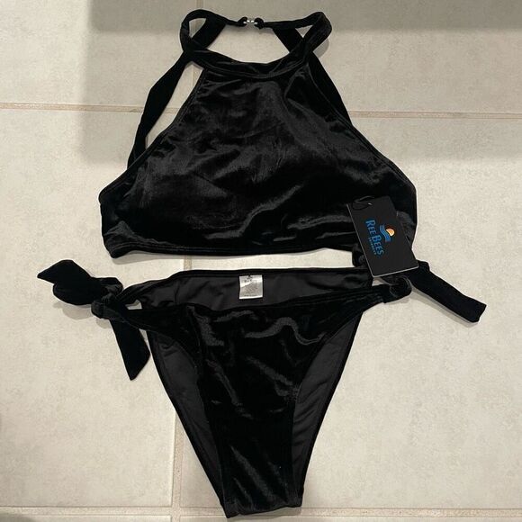 Ree Bees Swimwear Black Velvet Halter Bikini Size L - Picture 1 of 6